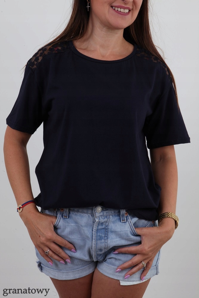MODNA BLUZKA GŁADKA RĘKAW KORONKA KWIATKI MIX M/L Rękaw krótki rękaw