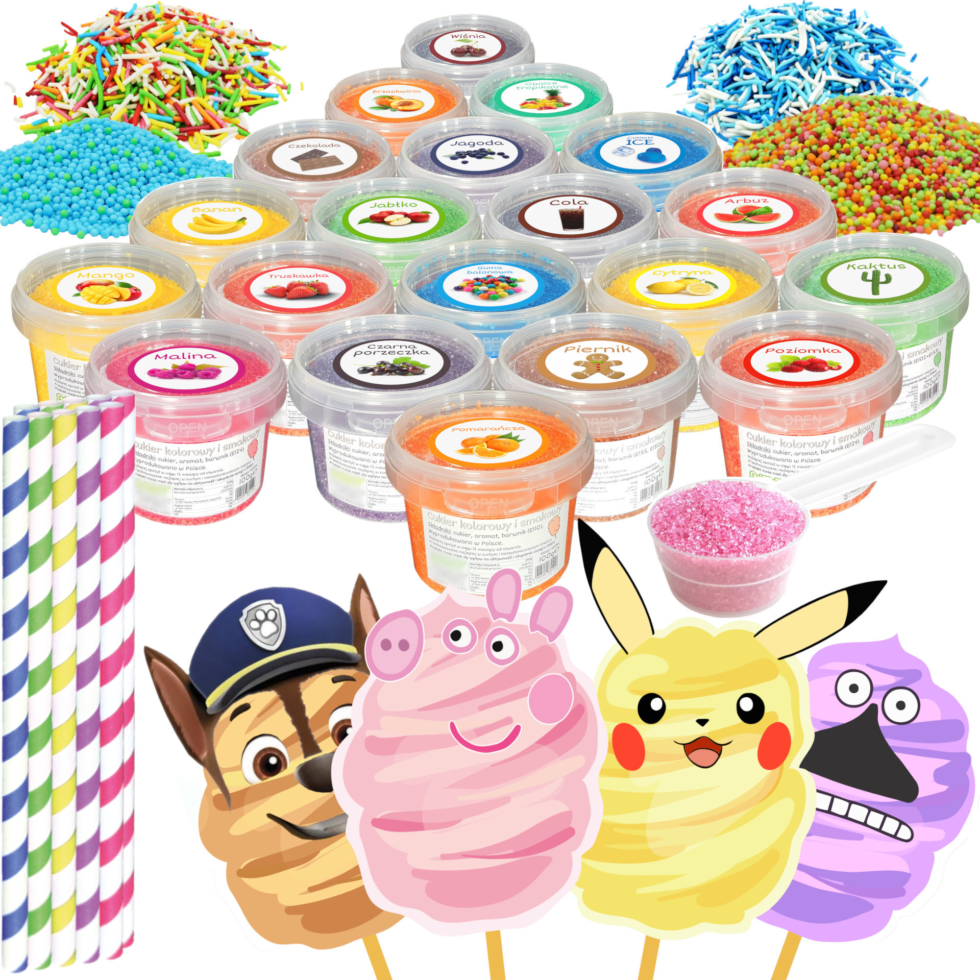 Cukr 20x 100 g Barevný a chuťový v kbelíku Posypky Postavičky Tyčinky