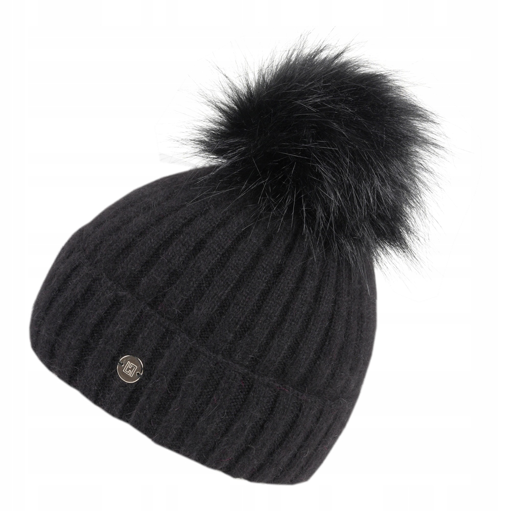 Dámská vlněná čepice s bambulí čepice s ohybem Loman Angora Mora černá vlna