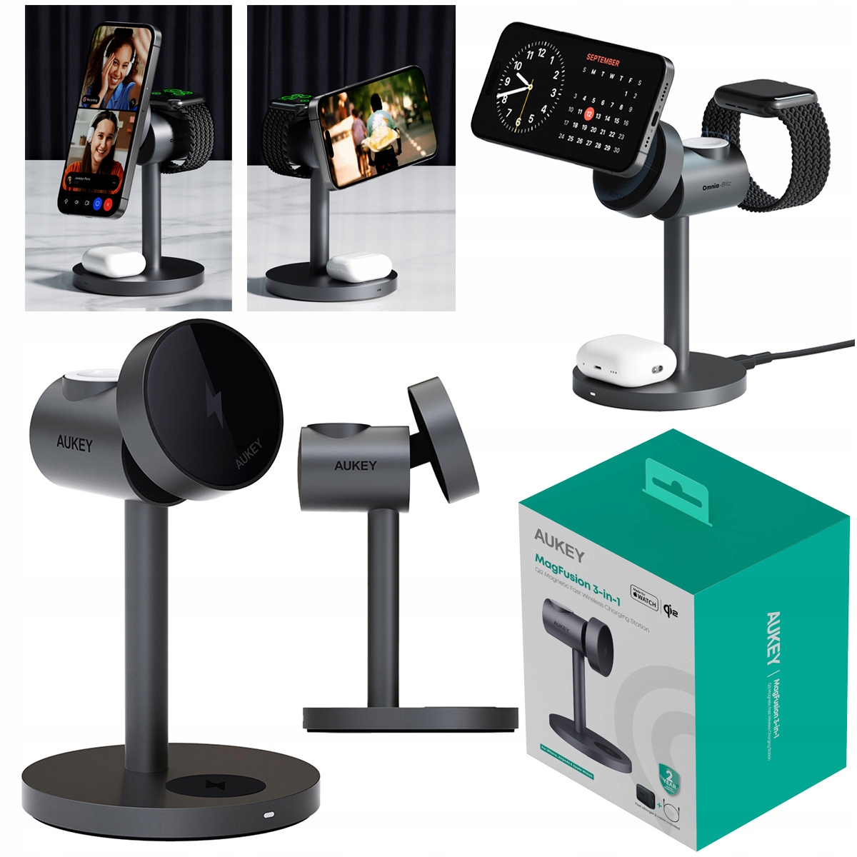 Bezdrátová nabíječka Qi2 3v1 pro iPhone AirPods Apple Watch Aukey MC311