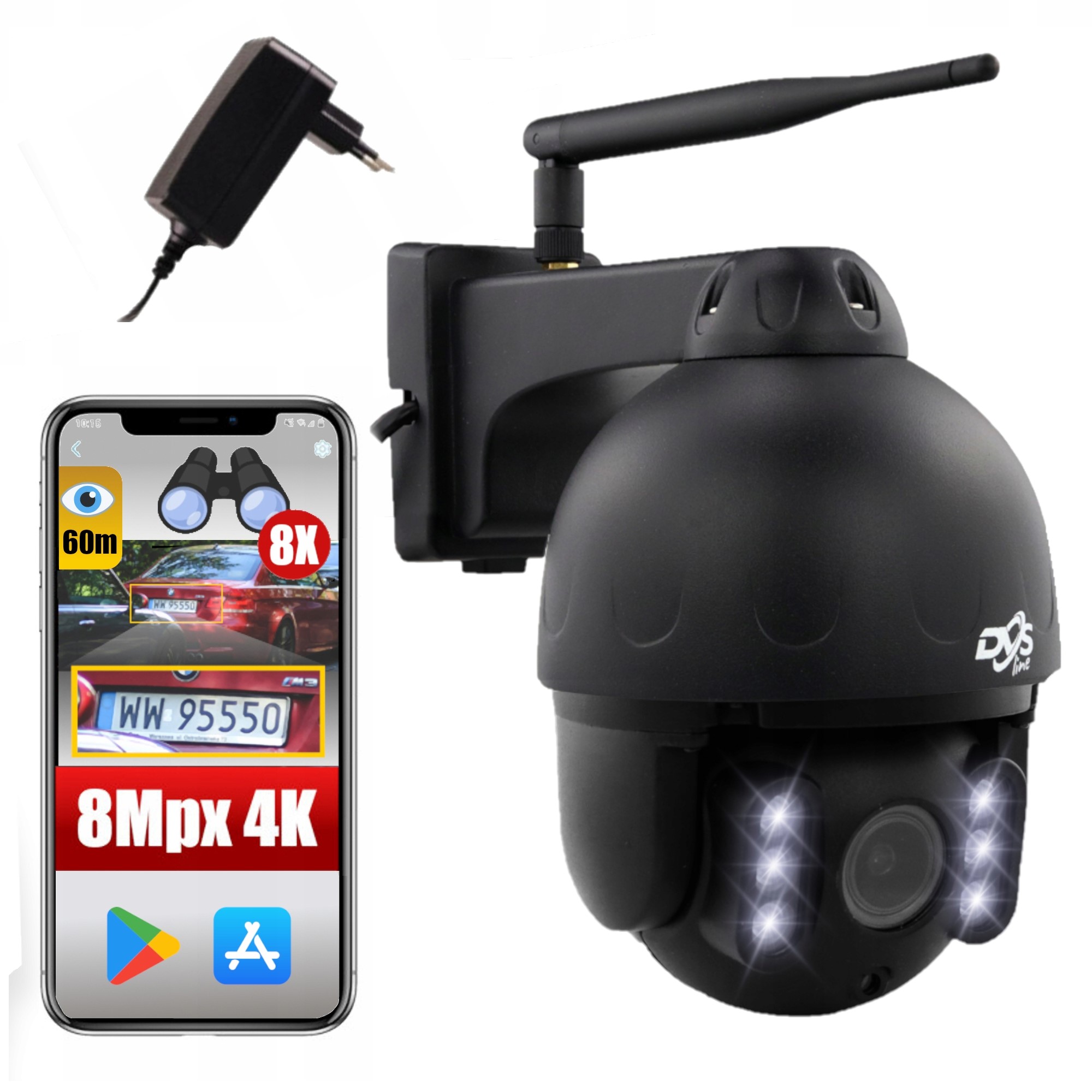 Čierna vonkajšia otočná WiFi kamera 4K 8Mpx Priblíženie Smart 8x Zoom