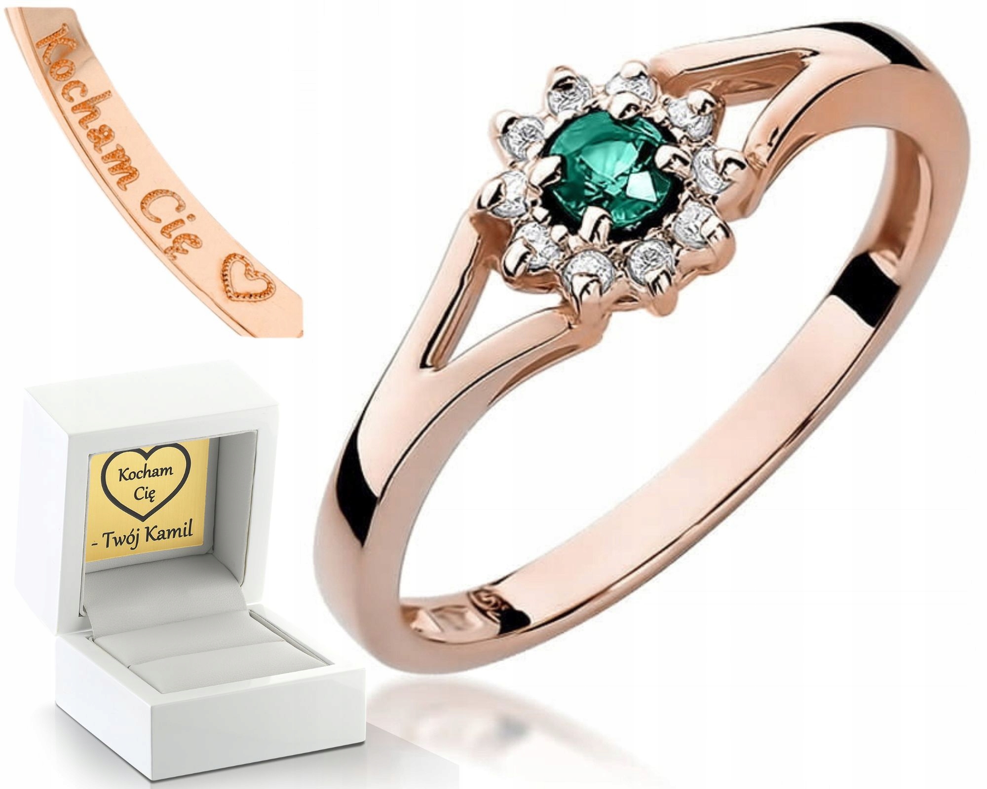 Růžové Zlato Prstýnek Pro Zásnuby Smaragd A Brilianty Gravírování Dárek
