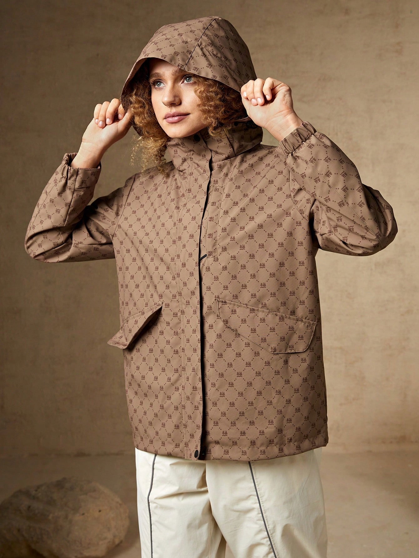 Outdoorová Nepromokavá Bunda S Kapucí Hnědá Shein Casual M 38