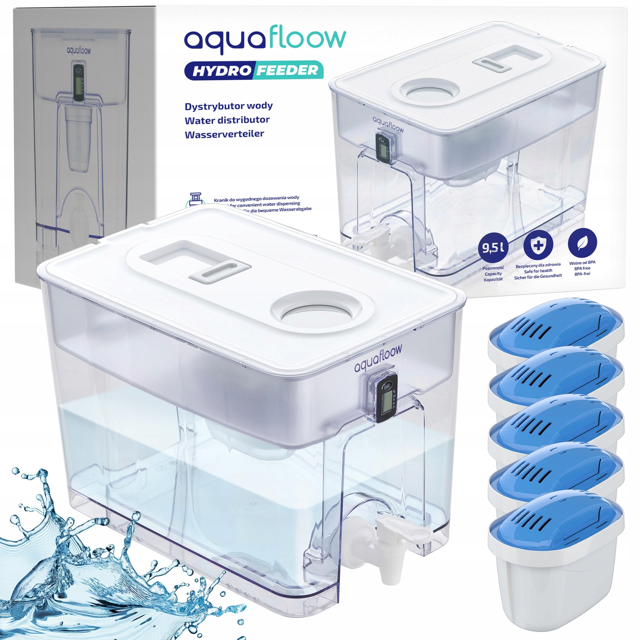 Dispenser na vodu AquaFloow XL 9,5 l 5 x filtr s hořčíkem velký filtrační konvice