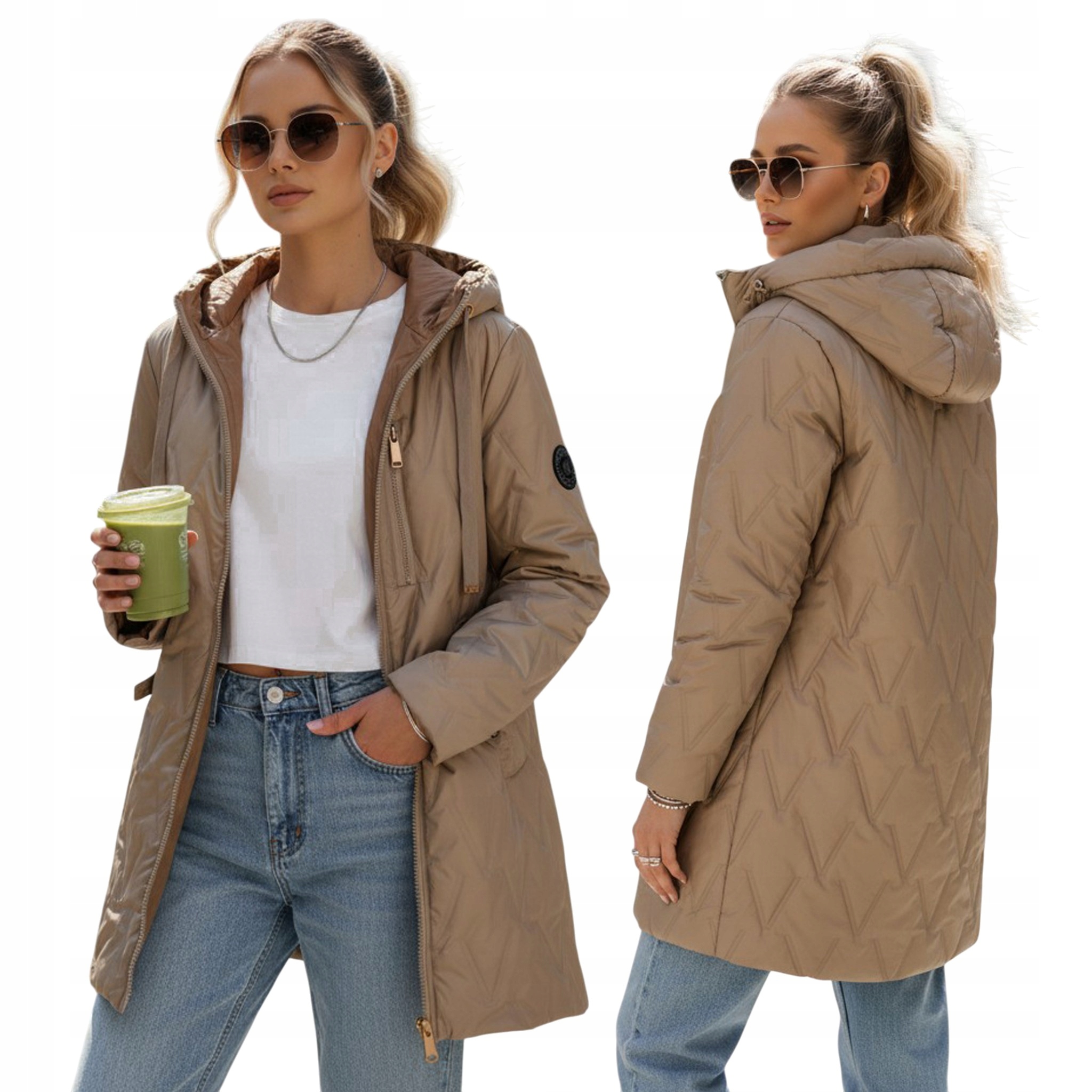 Kurtka damska przejściowa pikowana z kapturem kamelowa TY5563 XXL