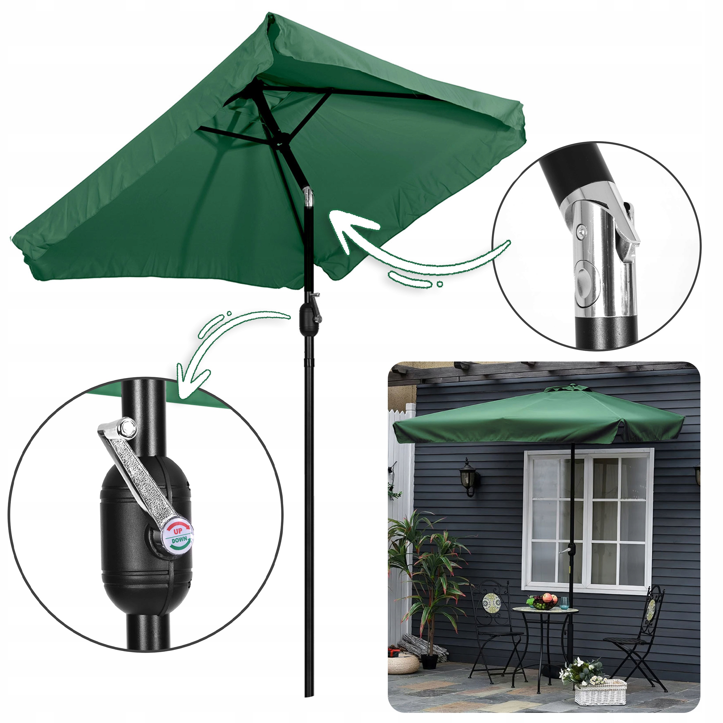 Duży Parasol Balkonowy Z Korbą Prostokątny Łamany Zielony Ogród 200 x140 cm