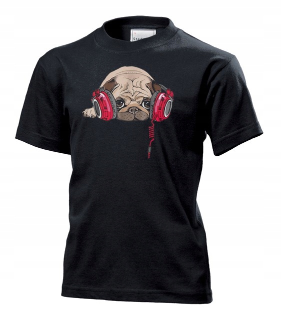

Koszulka dziecięca Pies mops pug ze słuchawkami XL