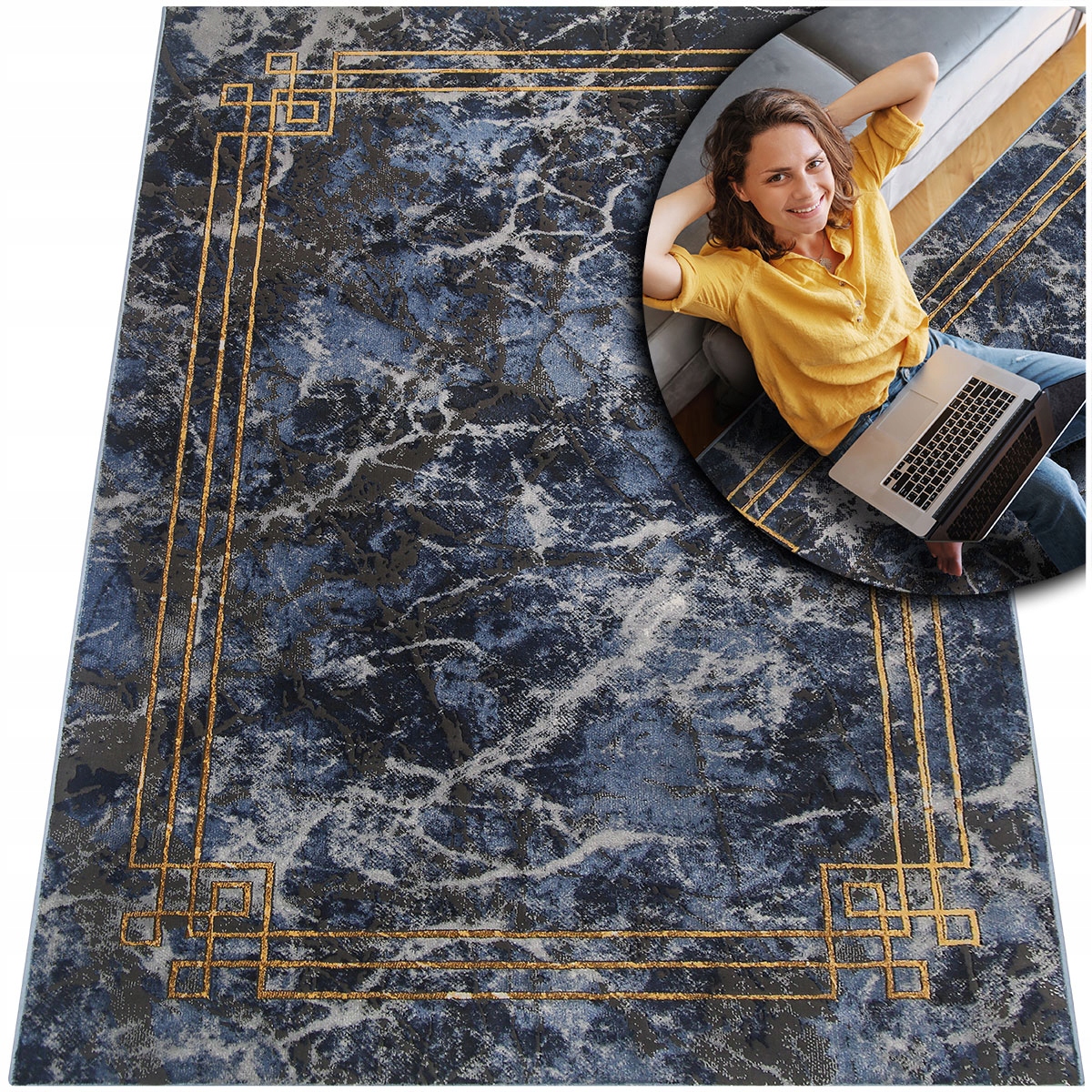 Moderní Koberec Do Obývacího Pokoje Etna Mramor Tmavě Modrý Šedý Měkký Zlatý 80x150