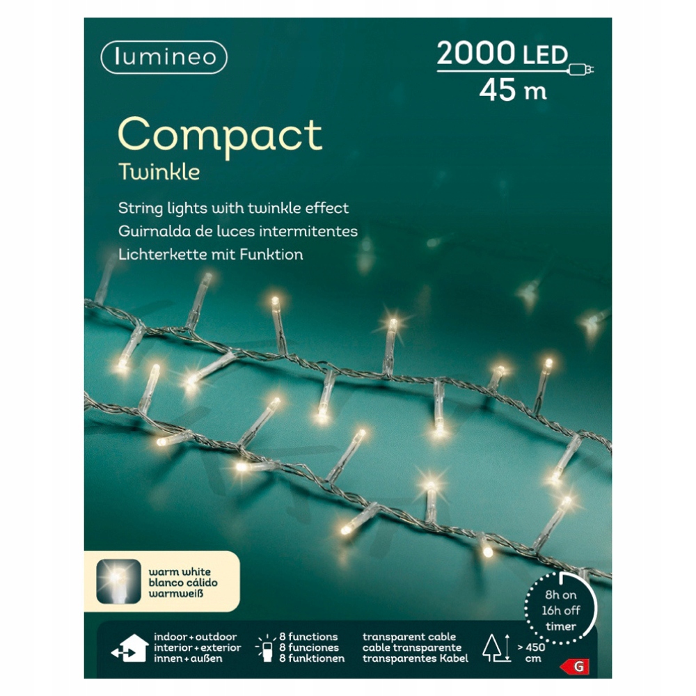 Led svietidlá 2000 s diaľkovým ovládaním, teplé, biele, 45 m, transparentné