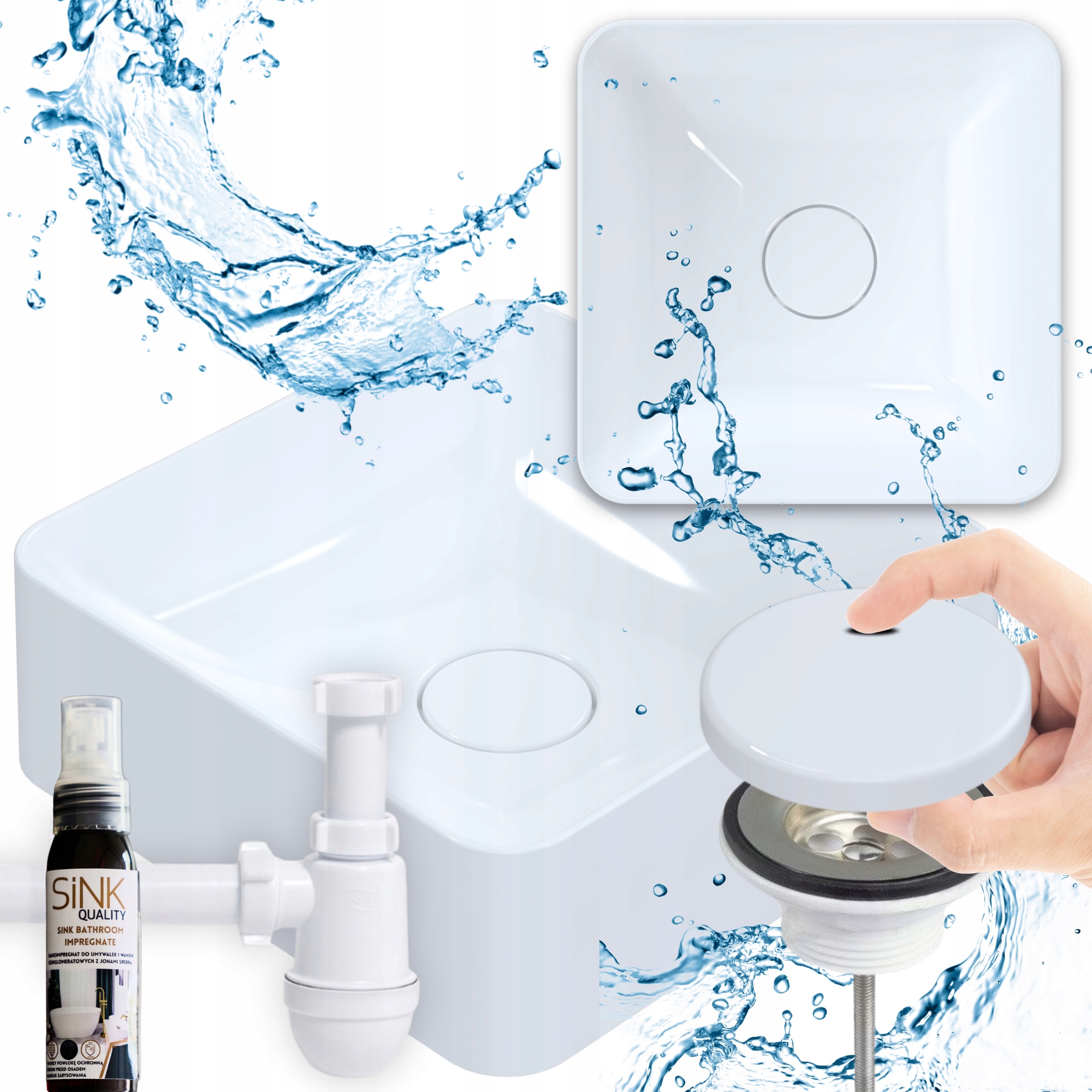 Set umyvadlo Na Desku 40 čtvercový konglomerát Syfon Bílá kryt