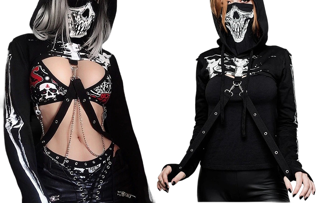 Stylová mikina s kapucí s potiskem lebky, kostra Hip Hop goth L