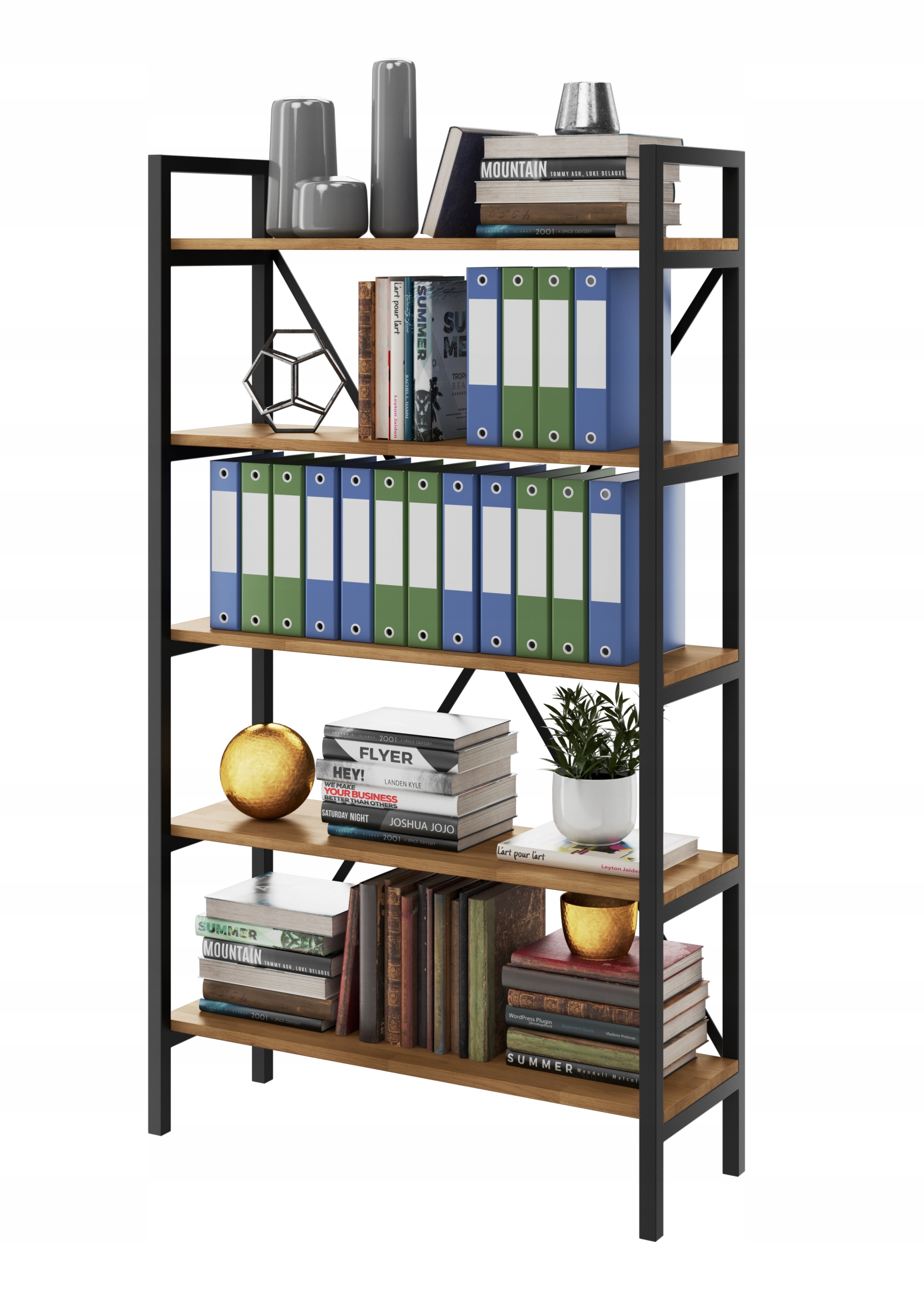 Loftový kancelářský regál na segregátory, kov a dub Medium-office D5 100x30 cm