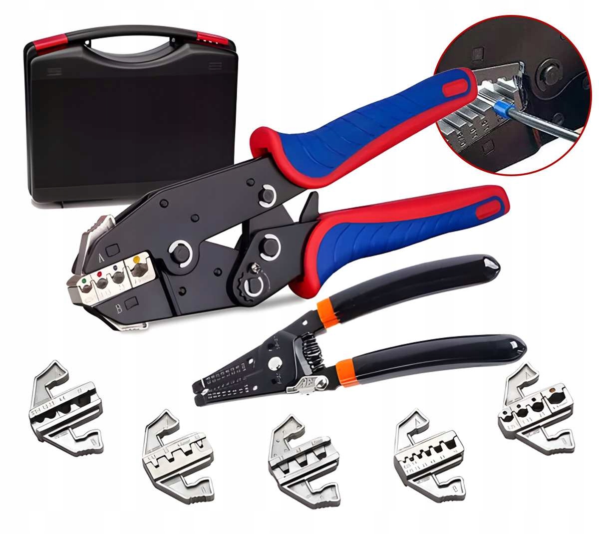 Sada kleští na krimpování hrotů s 5 vyměnitelnými čelistmi