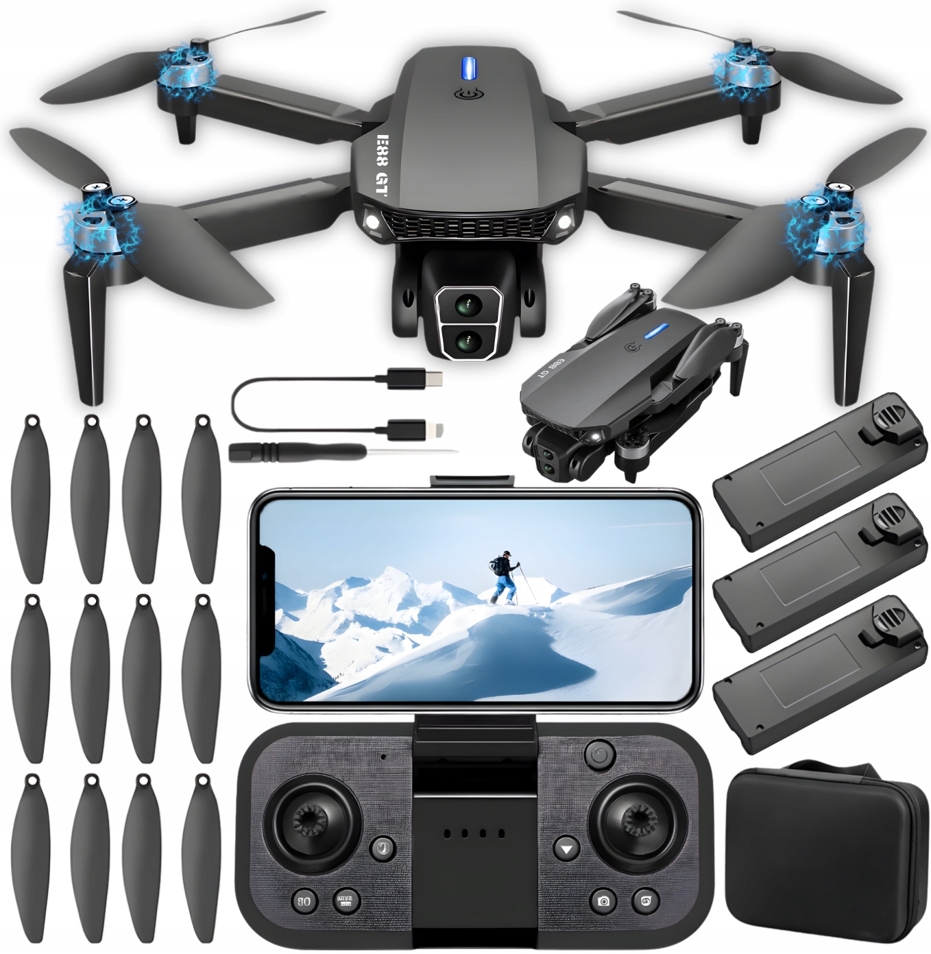 Dron E88 Gt Silniki Bezszczotkowe 2 Kamery WiFi Zawis 3 Baterie Zabawka