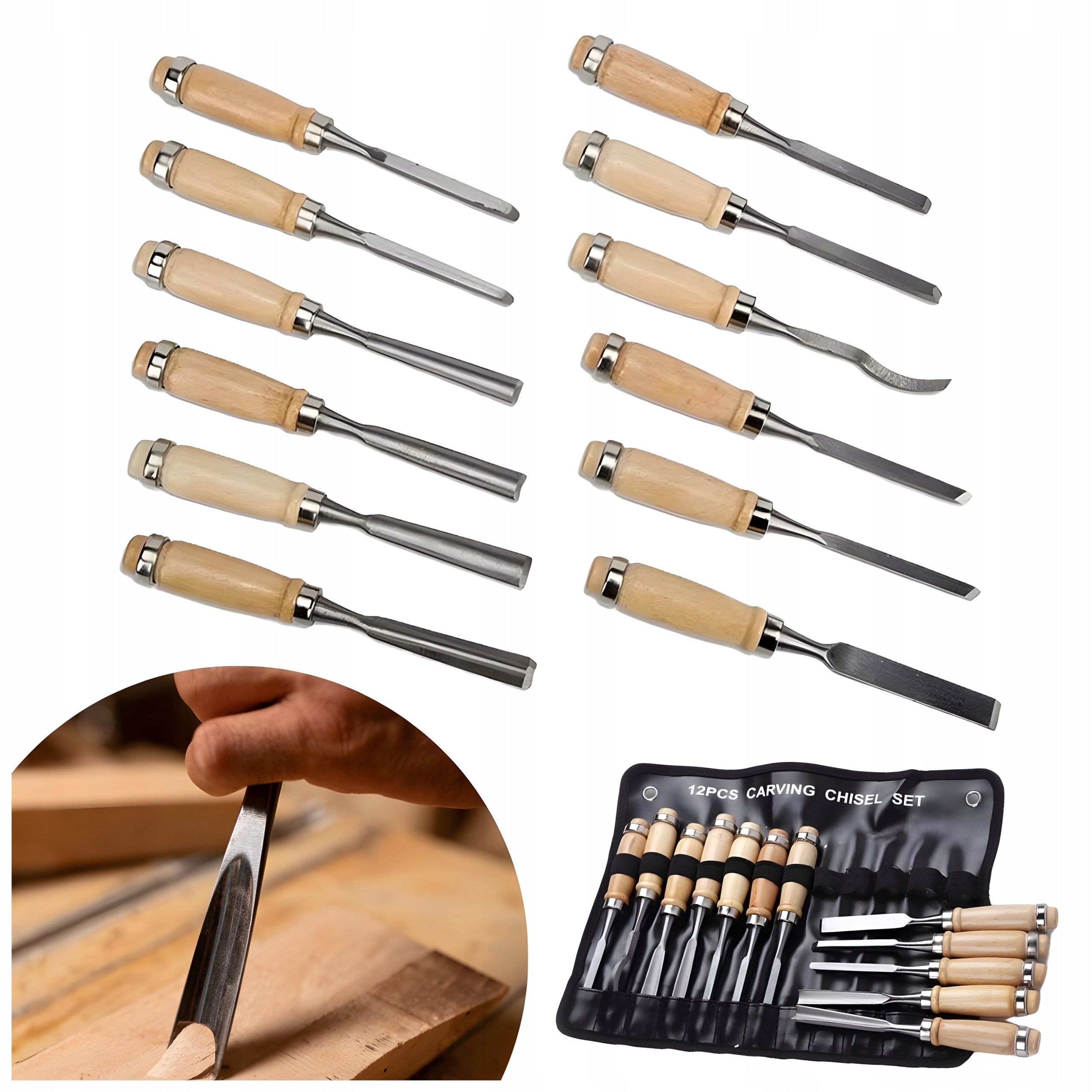 Dłuta Rzeźbiarskie Do Drewna Snycerskie Stolarskie Ręczne Zestaw 12szt Etui