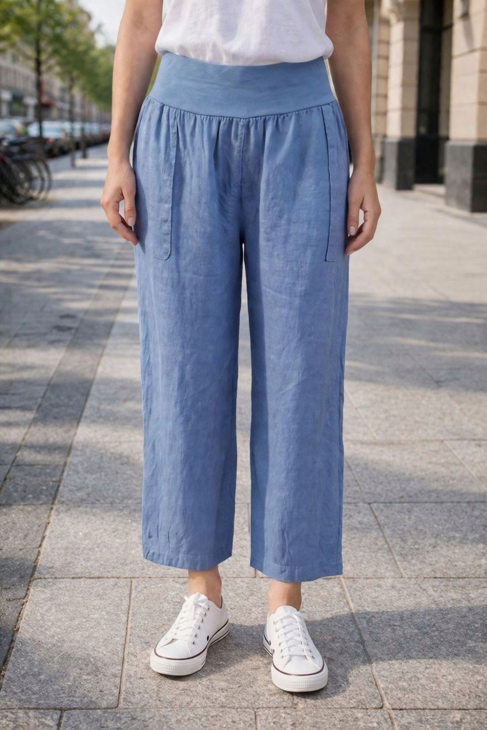 Dámské kalhoty modré 100% len casual Italy volné Uni