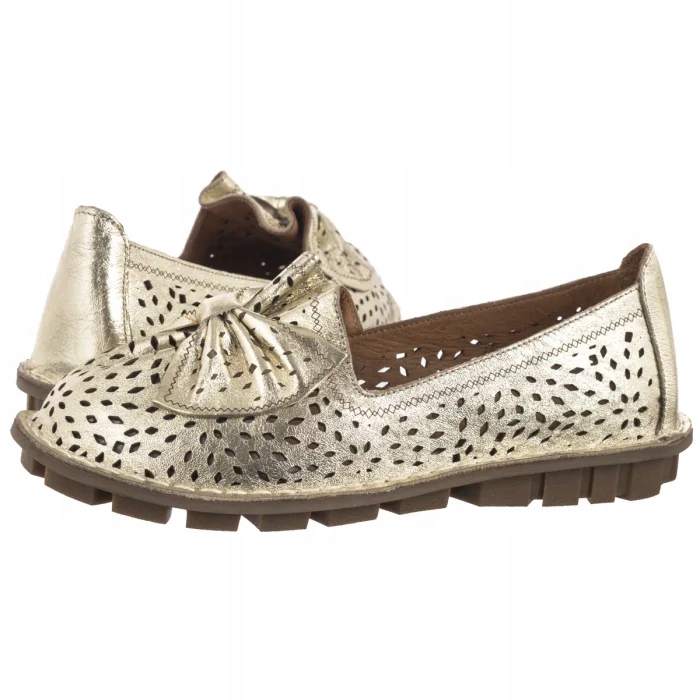 Buty Mokasyny Skórzane Ażurowe Damskie Venezia Złote E136LEGOOBM029