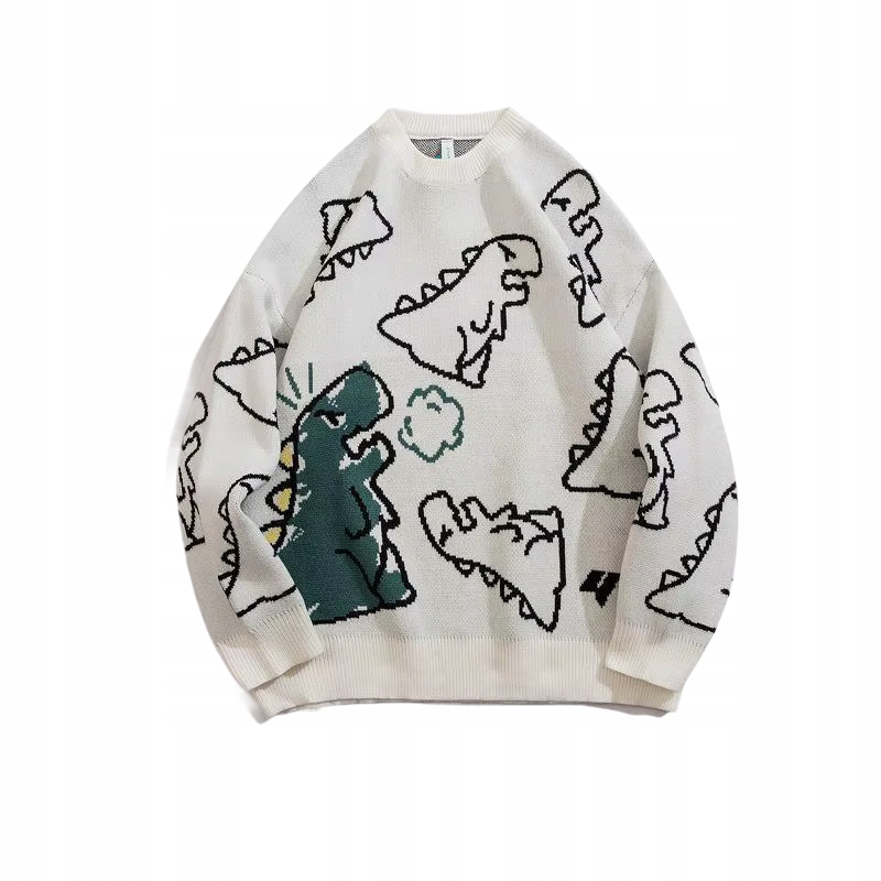 Unisex oversize svetr s dinosaurem, bílý, volný střih XL