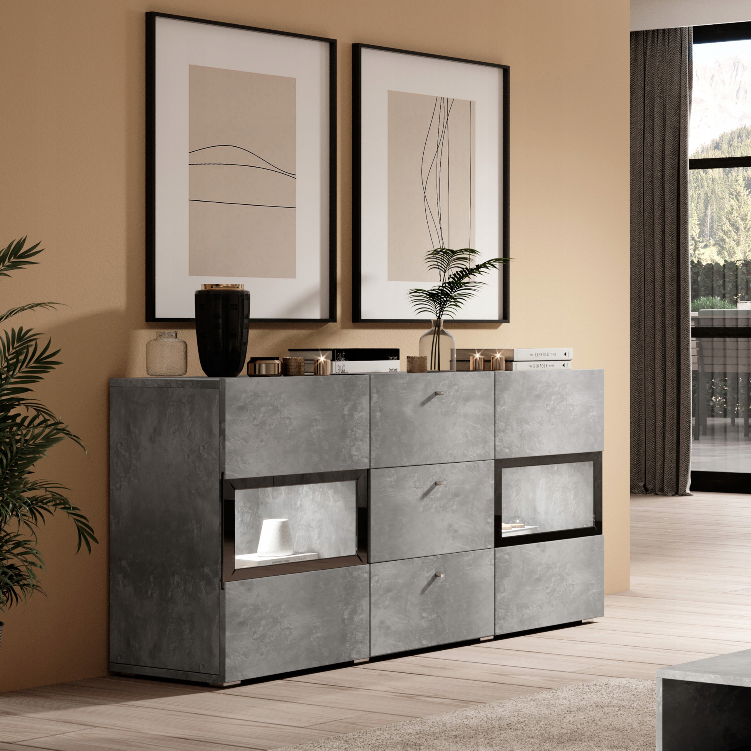 Komoda Barolo 132 cm do obývacího pokoje Ložnice 3 Zásuvky 2 Dvířka Beton světlý