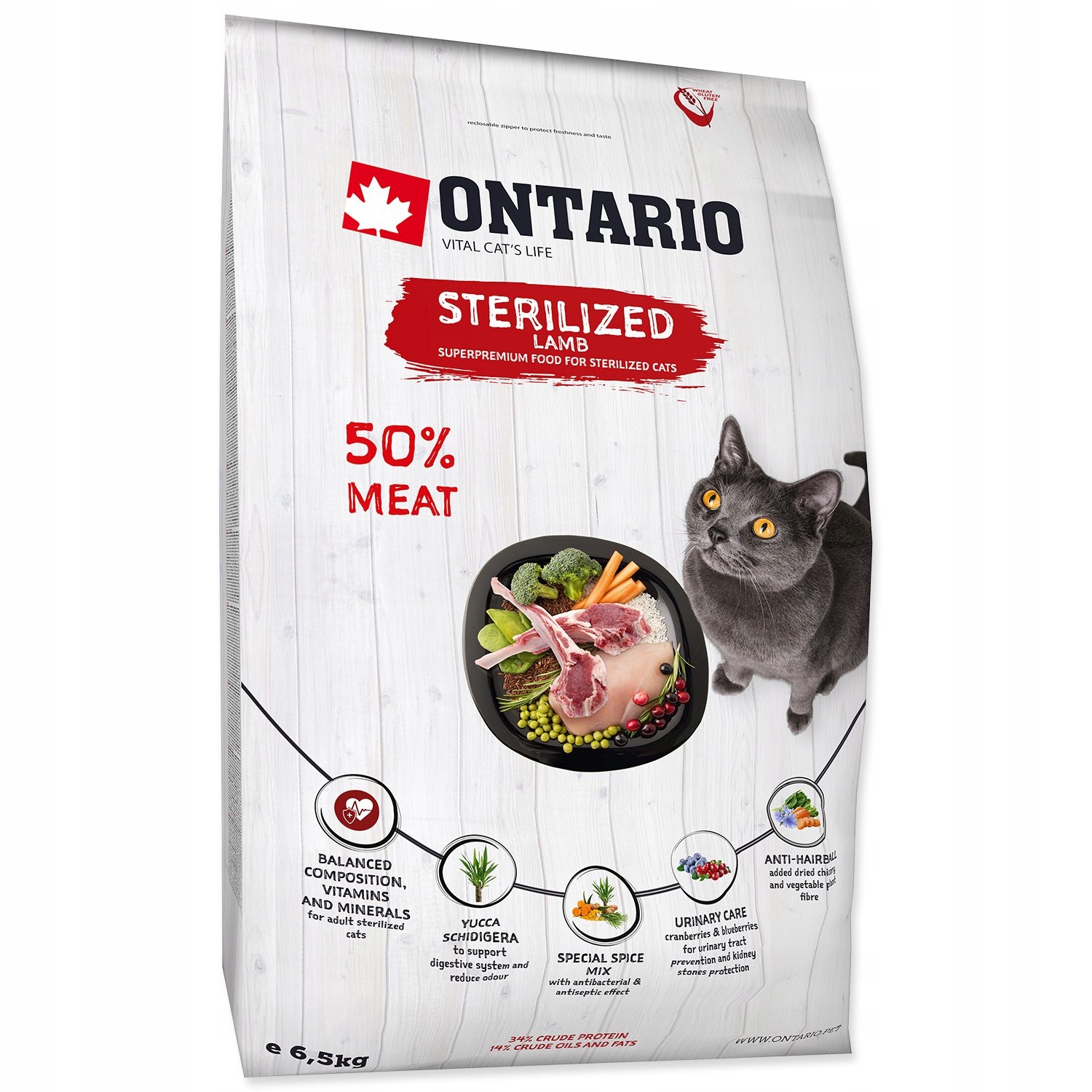 Levně Krmivo Ontario Cat Sterilised Lamb 6,5kg