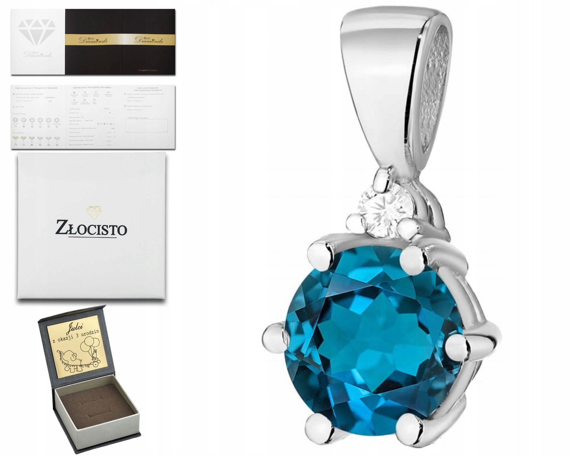 Bílé Zlato Přívěsek Přírodní Kámen Topaz London Blue A Diamant 585