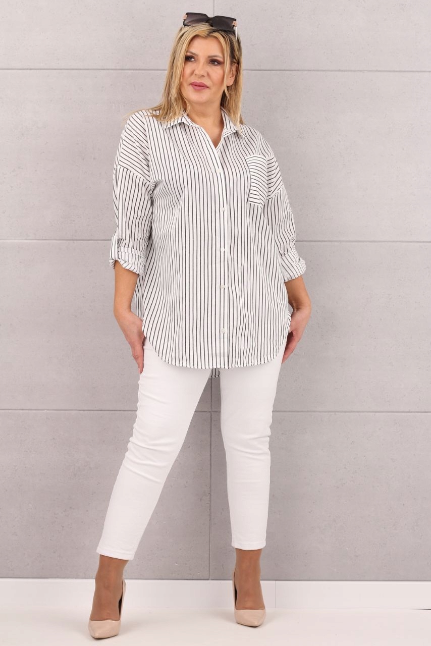 BAWEŁNIANA KOSZULA DAMSKA OVERSIZE WZÓR W PASKI LUŹNA DUŻE ROZMIARY Kolor dodatkowy szary