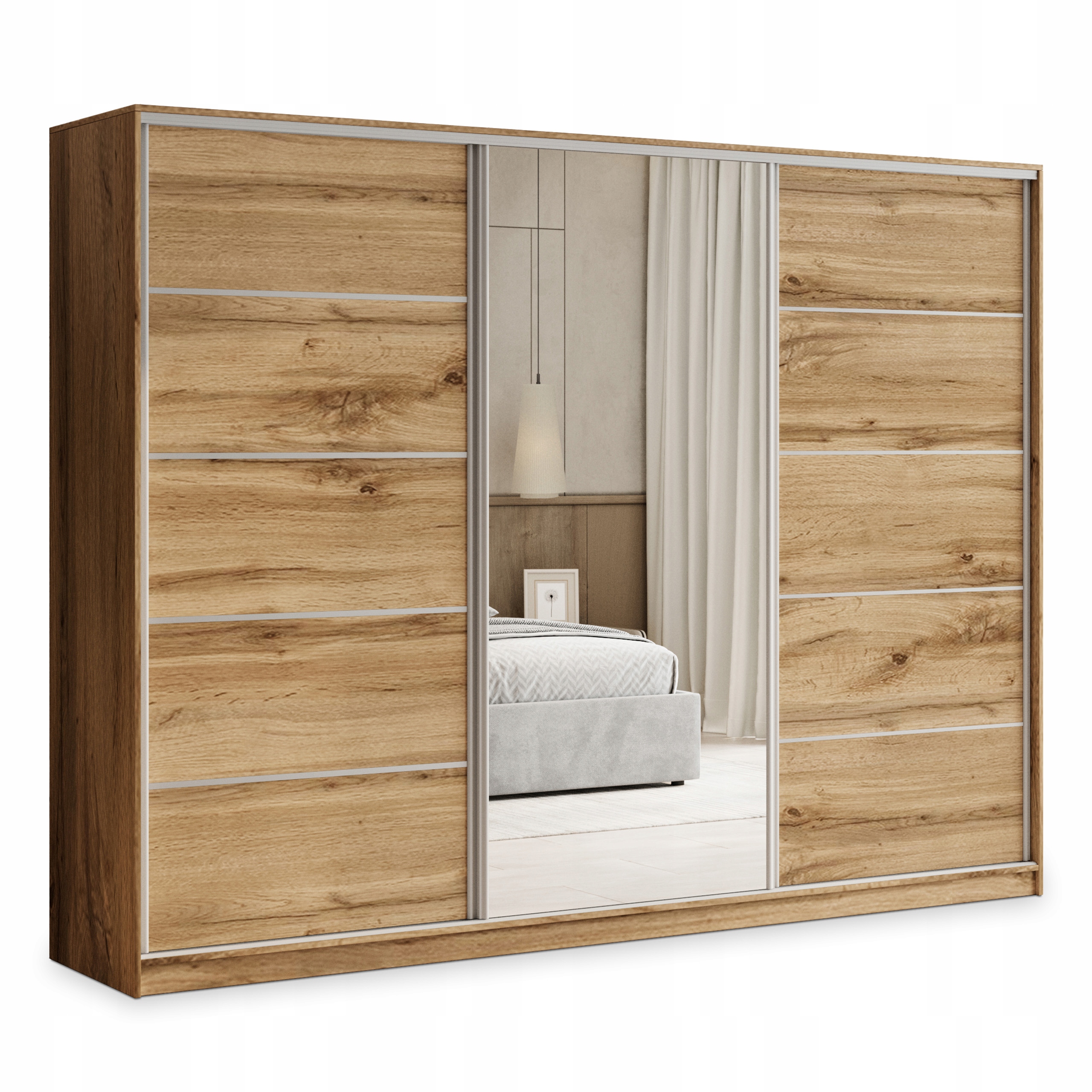 Skříň Posuvná Pina 270 cm se zrcadlem Zásuvky Police Třídveřová Dub Wotan