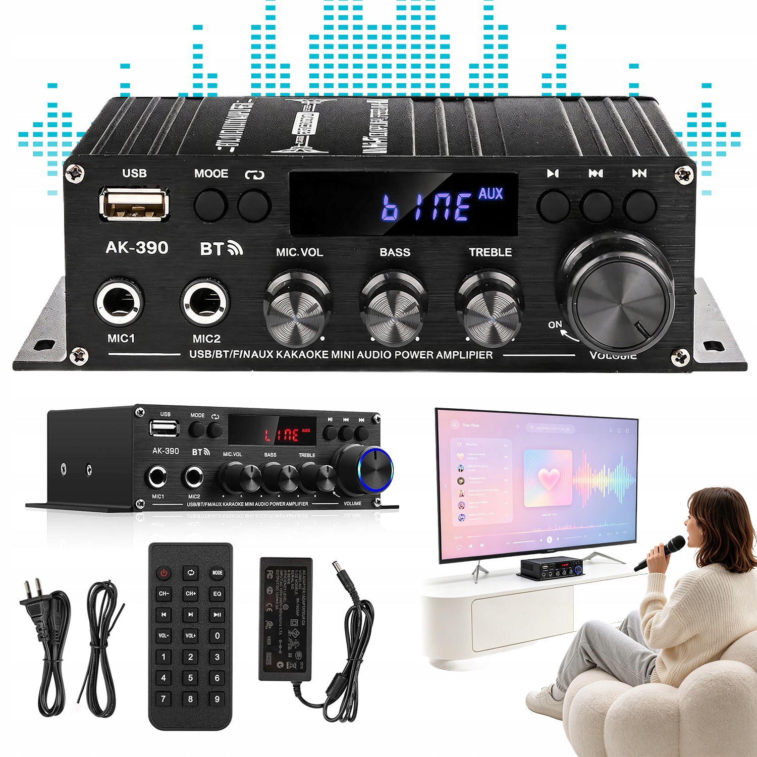 Mini Zesilovač 2.0 Stereo 40W Bluetooth Fm Karaoke Aux Usb Rca Pro Televizní Kino