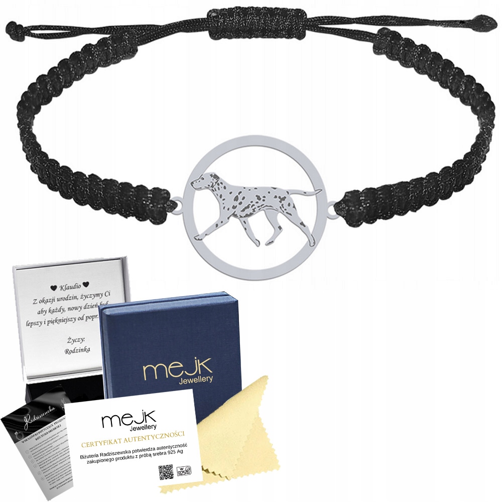 Stříbrný náramek s dalmatským psem 925 Makramé Žena Gravírování Bonus