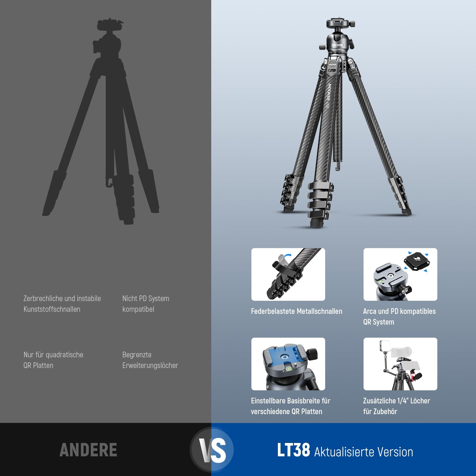 NEEWER LITETRIP LT38 Statyw Kamera 155cm Włókno Węglowe 360° Arca QR — miniatura 8