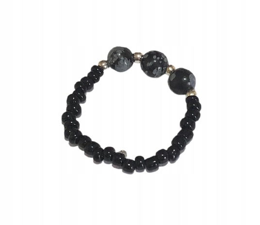 ELASTYCZNY PIERŚCIONEK KORALIKI OBSYDIAN ŚNIEŻNY