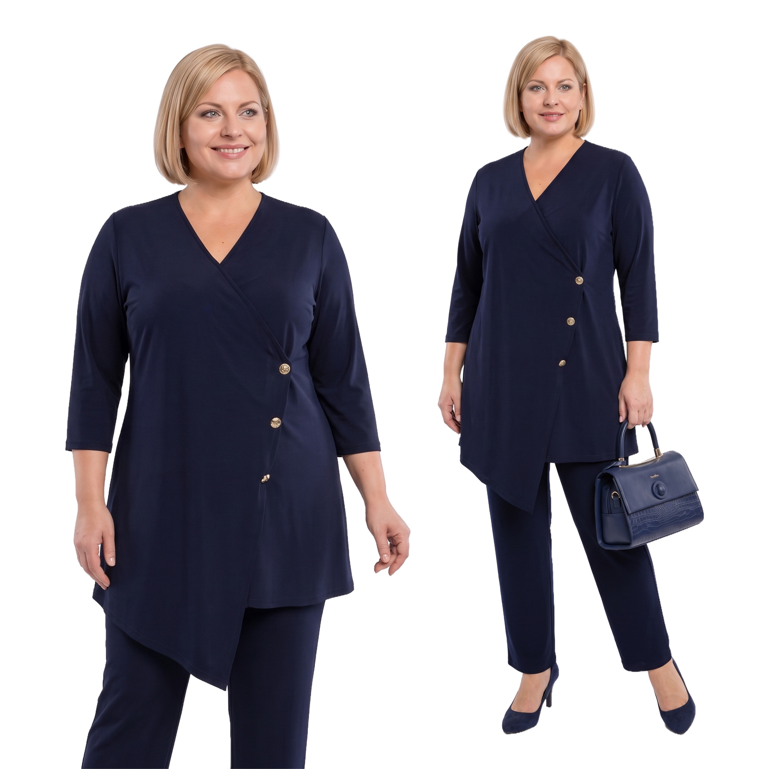 Tmavě modrý komplet se zlatými knoflíky plus size velikost 48