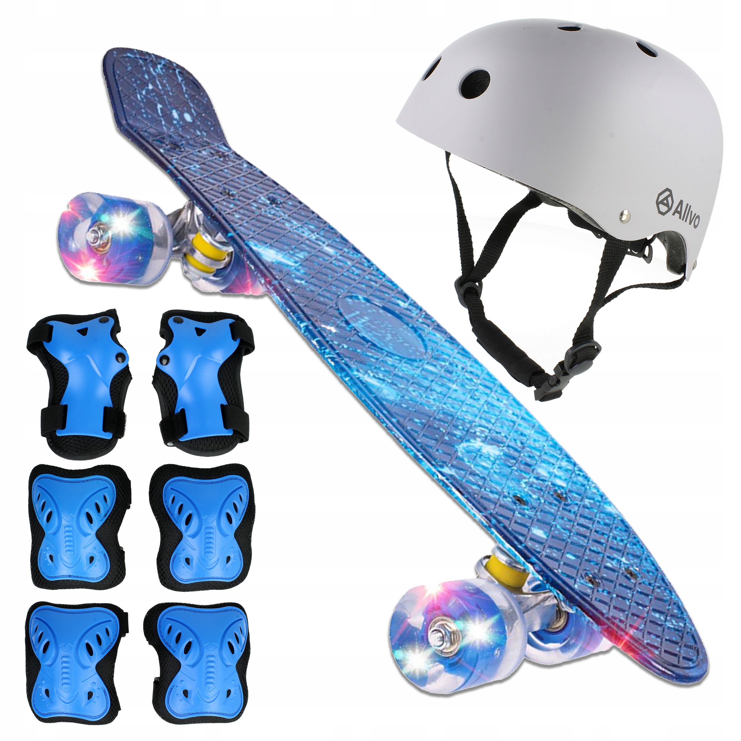 Deskorolka dziecięca Led Rgb ABEC-7 56cm kask 54-58 ochraniacze zestaw