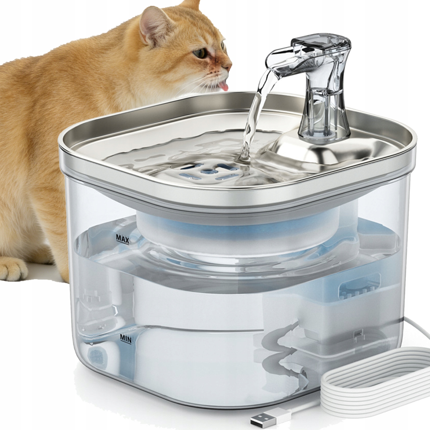 Levně Fontána Pro Zvířata S Bavlněným Filtrem 8D, 2 Litry, Nerezová Ocel 304