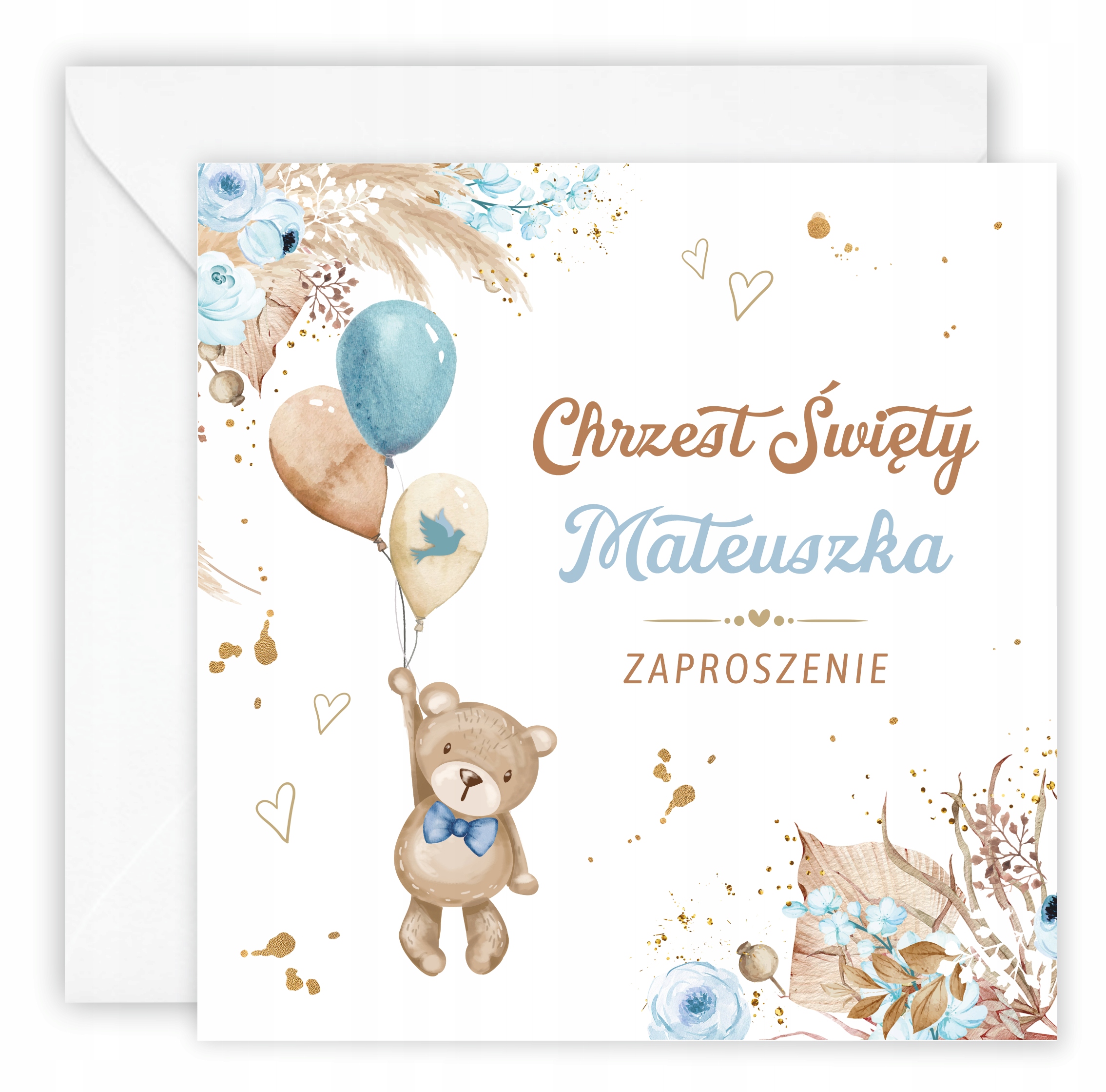 ZAPROSZENIA NA CHRZEST BOHO MIŚ + KOPERTA + IMIĘ Szerokość produktu 14 cm