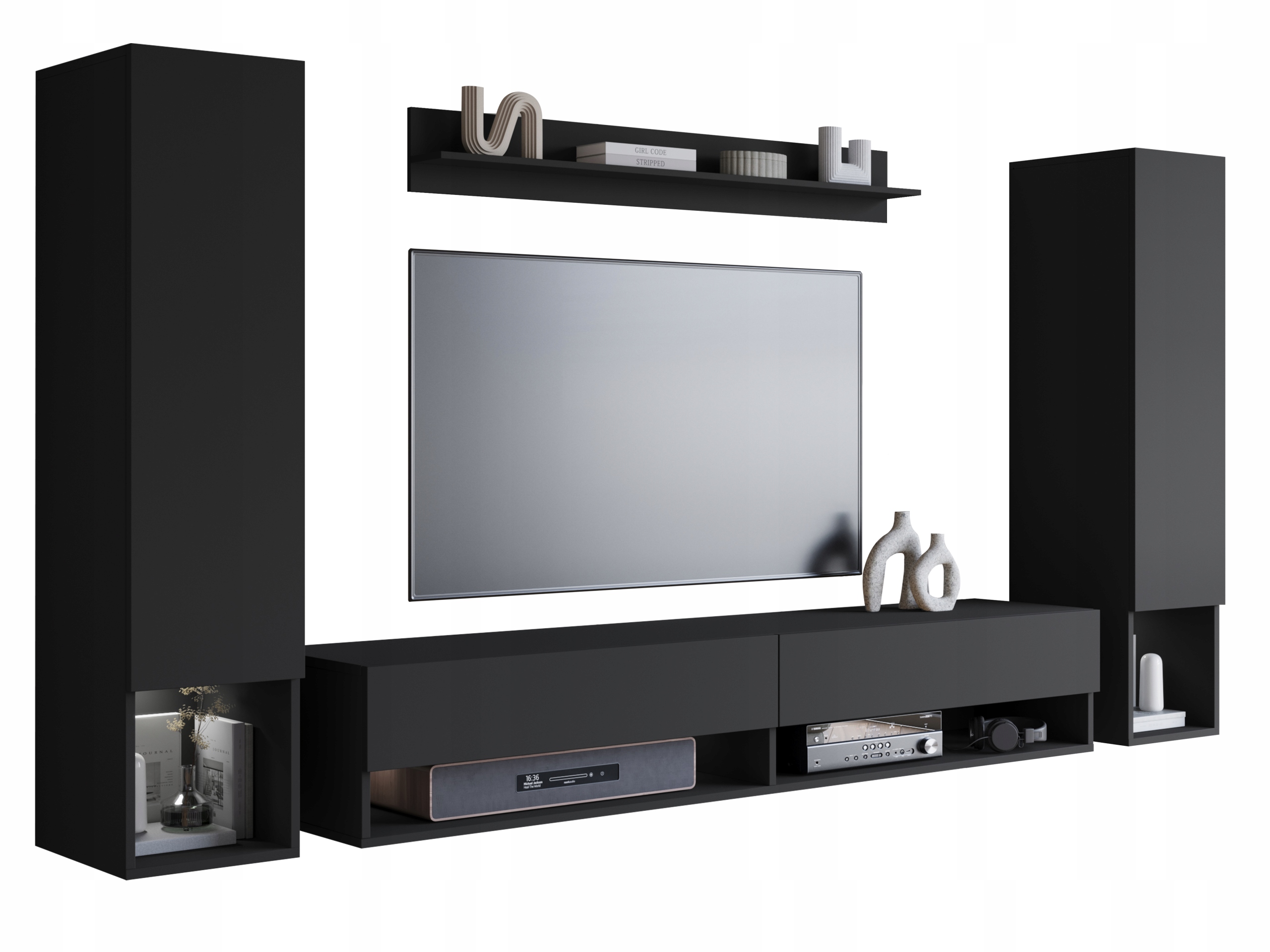 Závěsný set do obývacího pokoje 2 sloupky Rtv skříňka 180 cm police, matná černá s Led