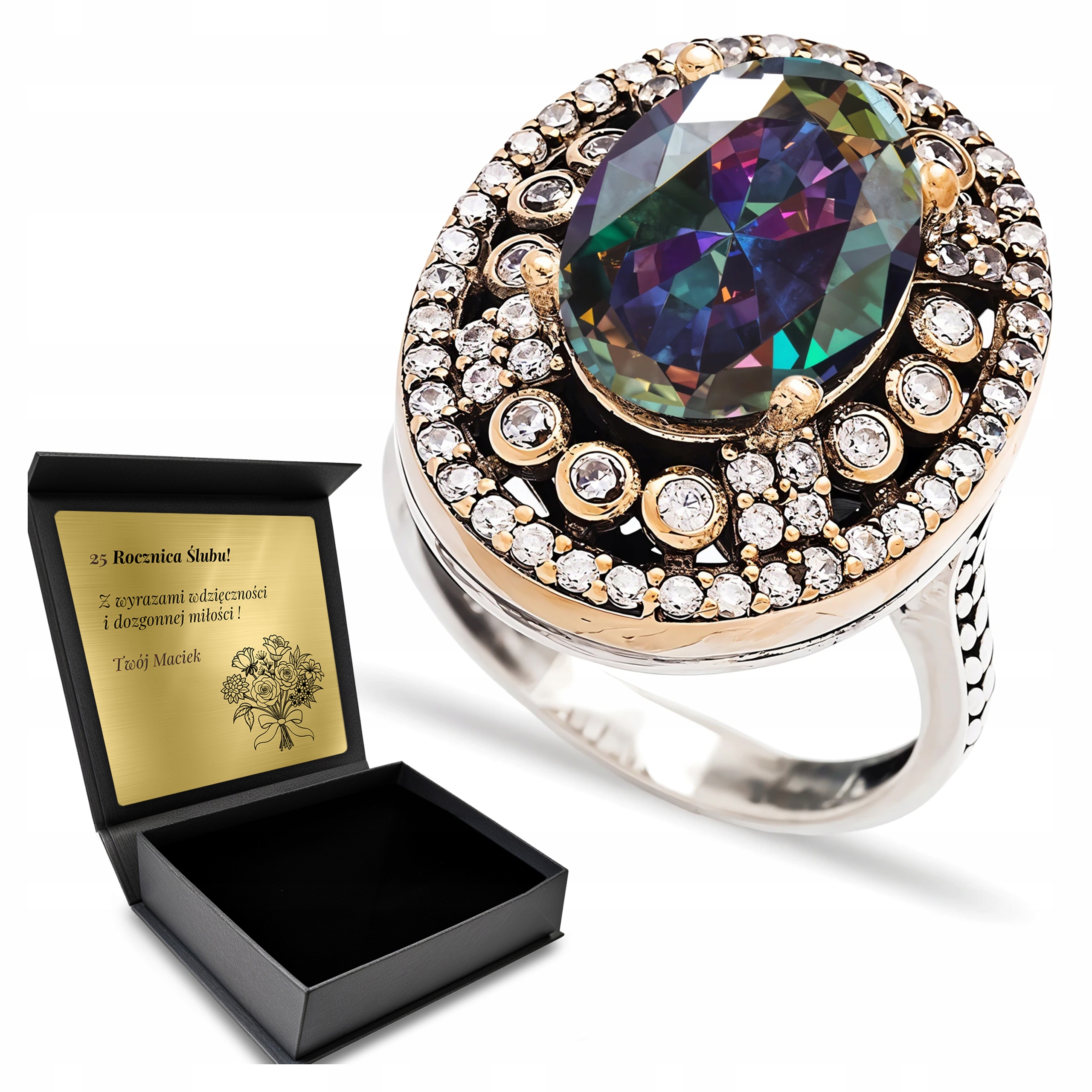 Prstýnek 925 Zirkony A Topaz Dárek na Valentýna Gravírování