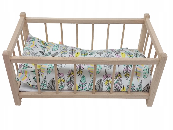 Drewniane łóżeczko dla lalek + POŚCIEL+ MATERAC