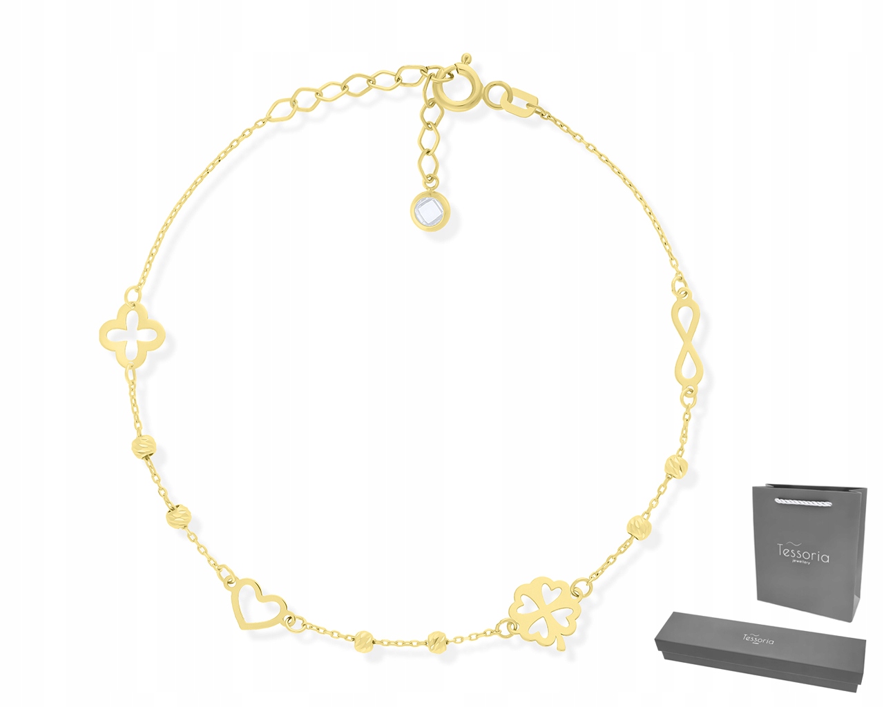 Dámský Zlatý Náramek Jetel Srdce Inifiniti Lesklé Kuličky ryzosti 585