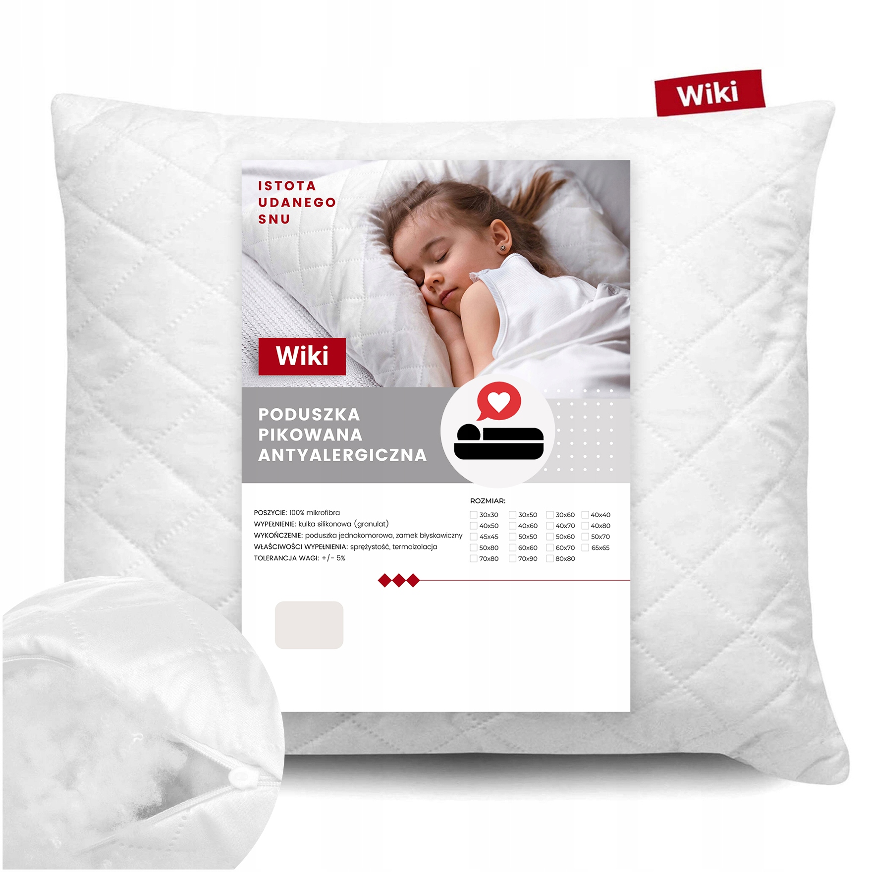 Poduszka 40x50 Pikowana Antyalergiczna Biała z suwakiem produkt Polski