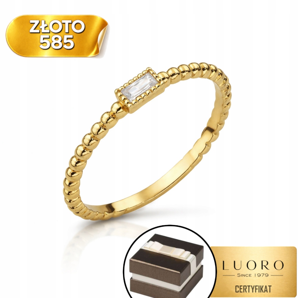 Prstýnek zlatý 585 14K kuličky obdélník s bílým kamenem R12