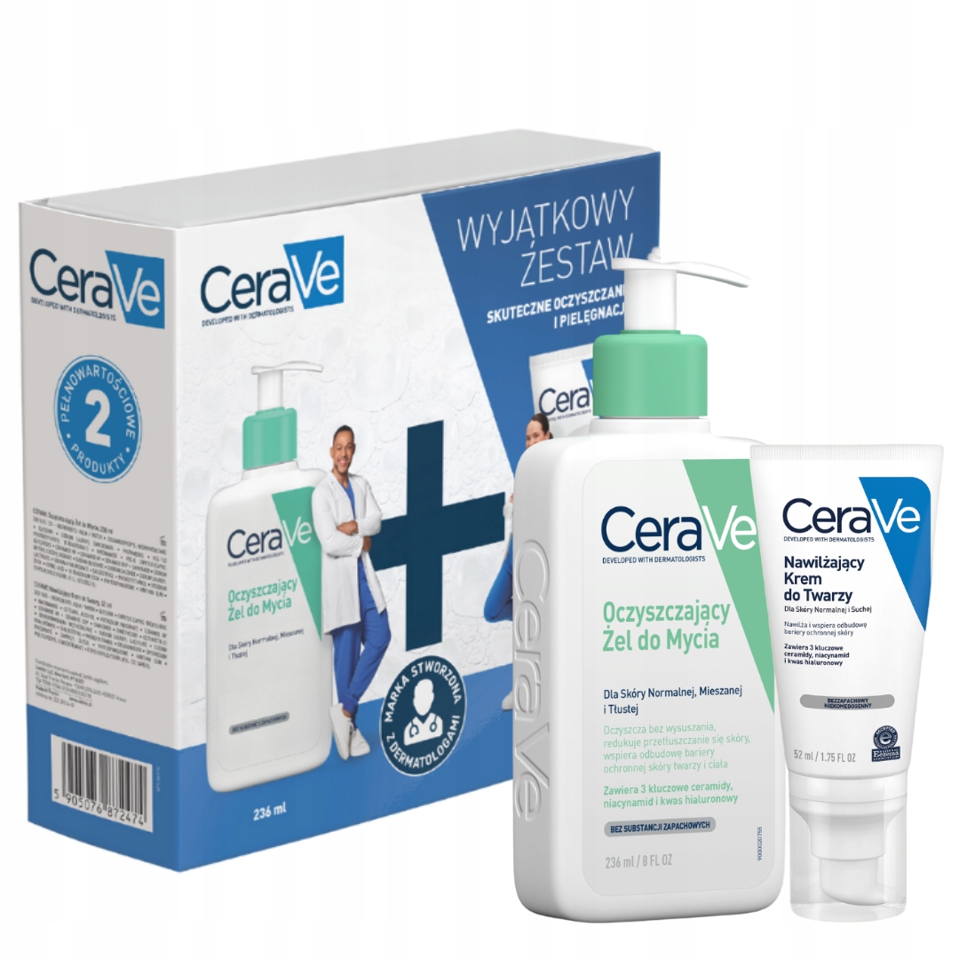 CeraVe Zestaw: Oczyszczający żel do mycia 236ml, Nawilżający krem do twarzy