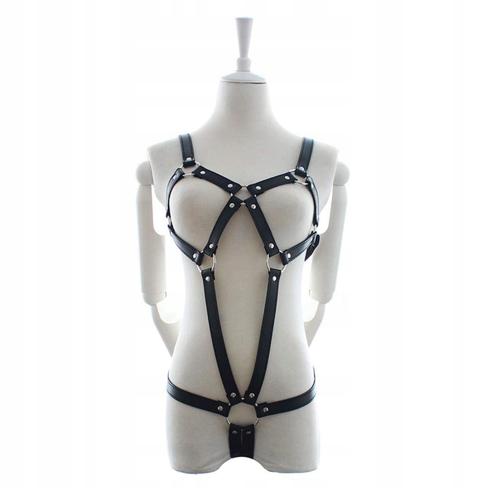 HANYI Damska Skórzana Bielizna Body Regulowane Fetysz Bondage Czarna — miniatura 6