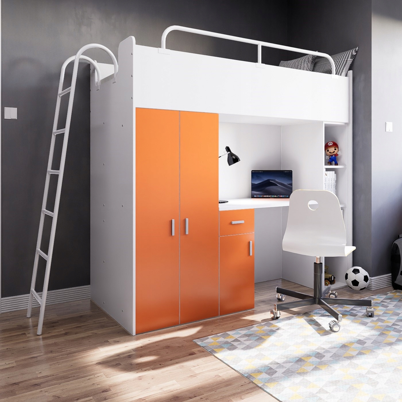 Łóżko piętrowe JSM4 80x190 cm z szafą, biurkiem i drabinką grafit Kolekcja JSM