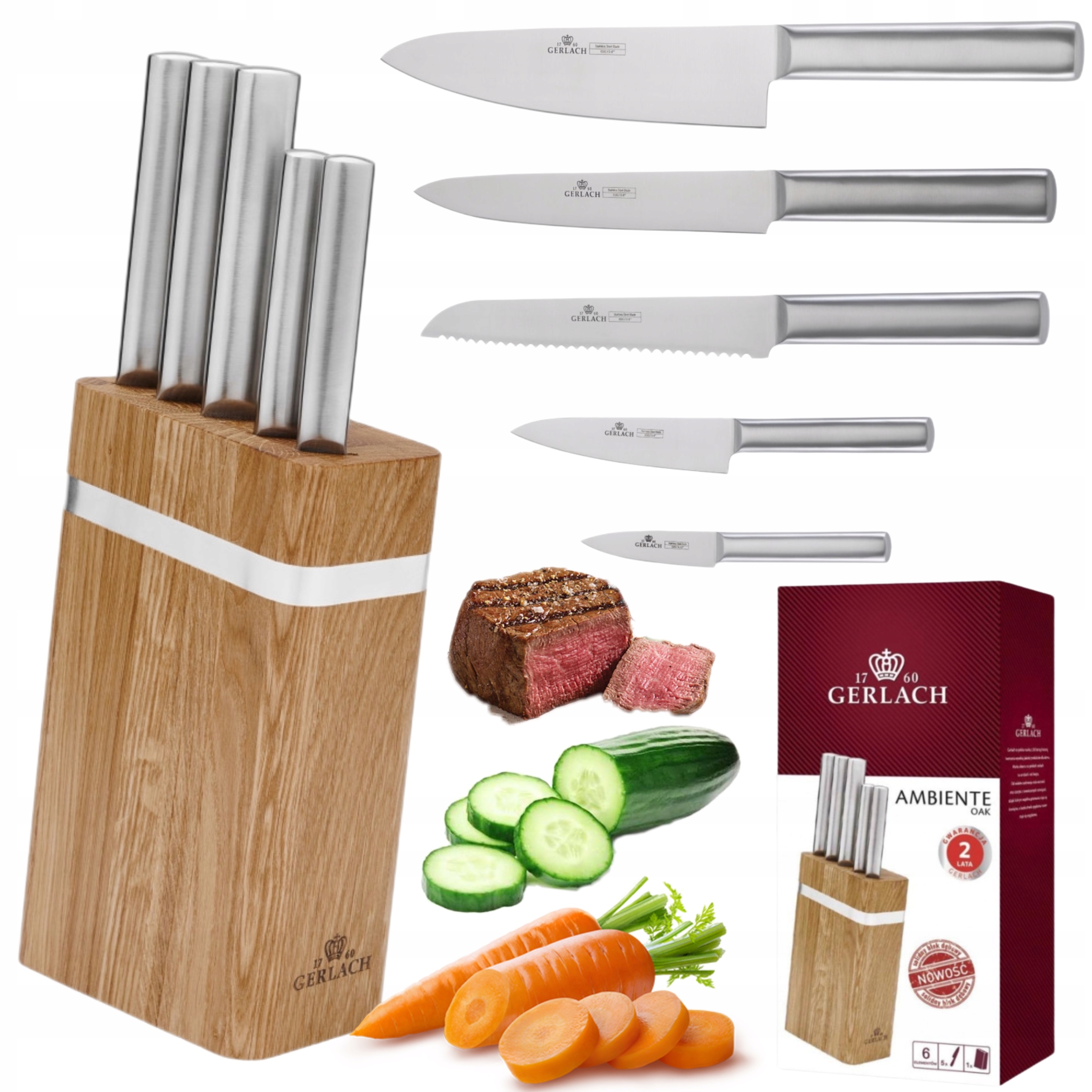 Sada 5 Nožov Gerlach Ambiente Oak V Drevenom Bloku, Kuchynská Súprava