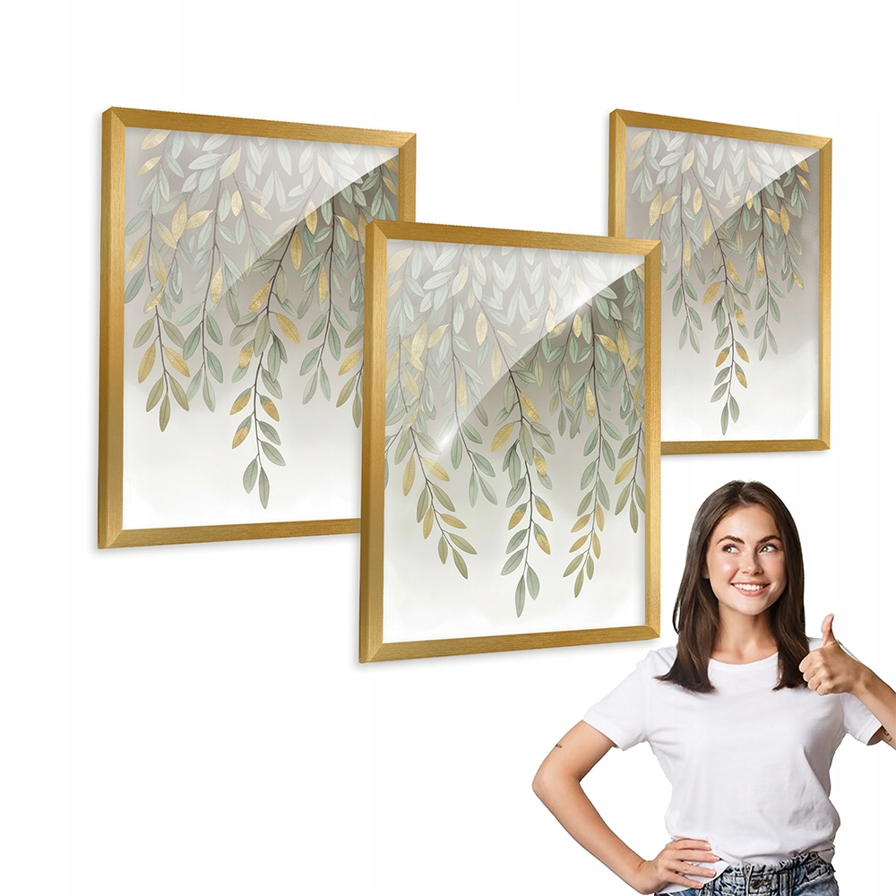 Sada 3 obrazů Převislé Listy Se Zlatem, zlatý rámeček 40x50 do obývacího pokoje