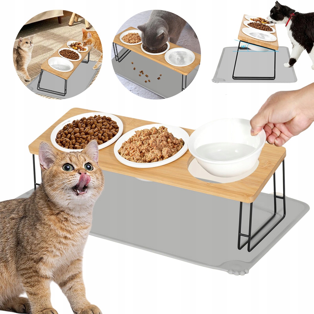 Levně Tříkeramická Miska Na Stojanu Dřevěná Pro Psa Kočku Misky 3x 300 ml