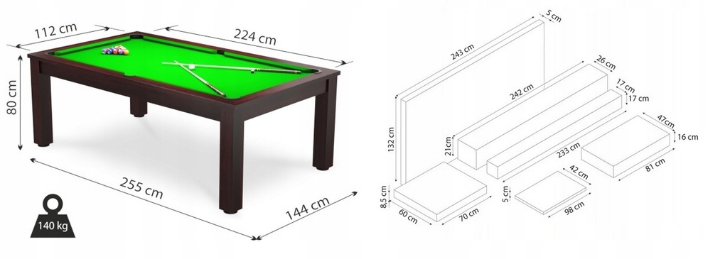 8FT Stół Bilardowy Radley Verso Pool Brązowy + Nakładka Cymbergaj-Tenis Rozmiar stołu 8 ft