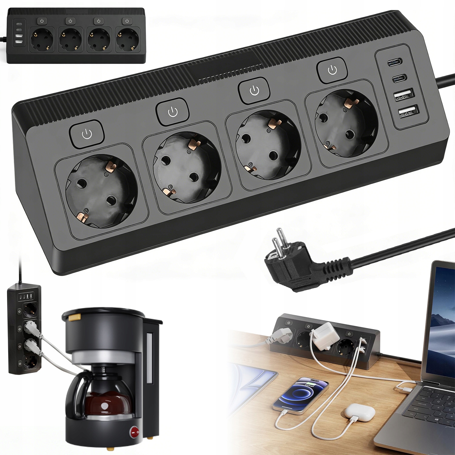 Prodlužovací Kabel Zásuvková Lišta 2 M 4 Zásuvky 4X Usb Nabíječka
