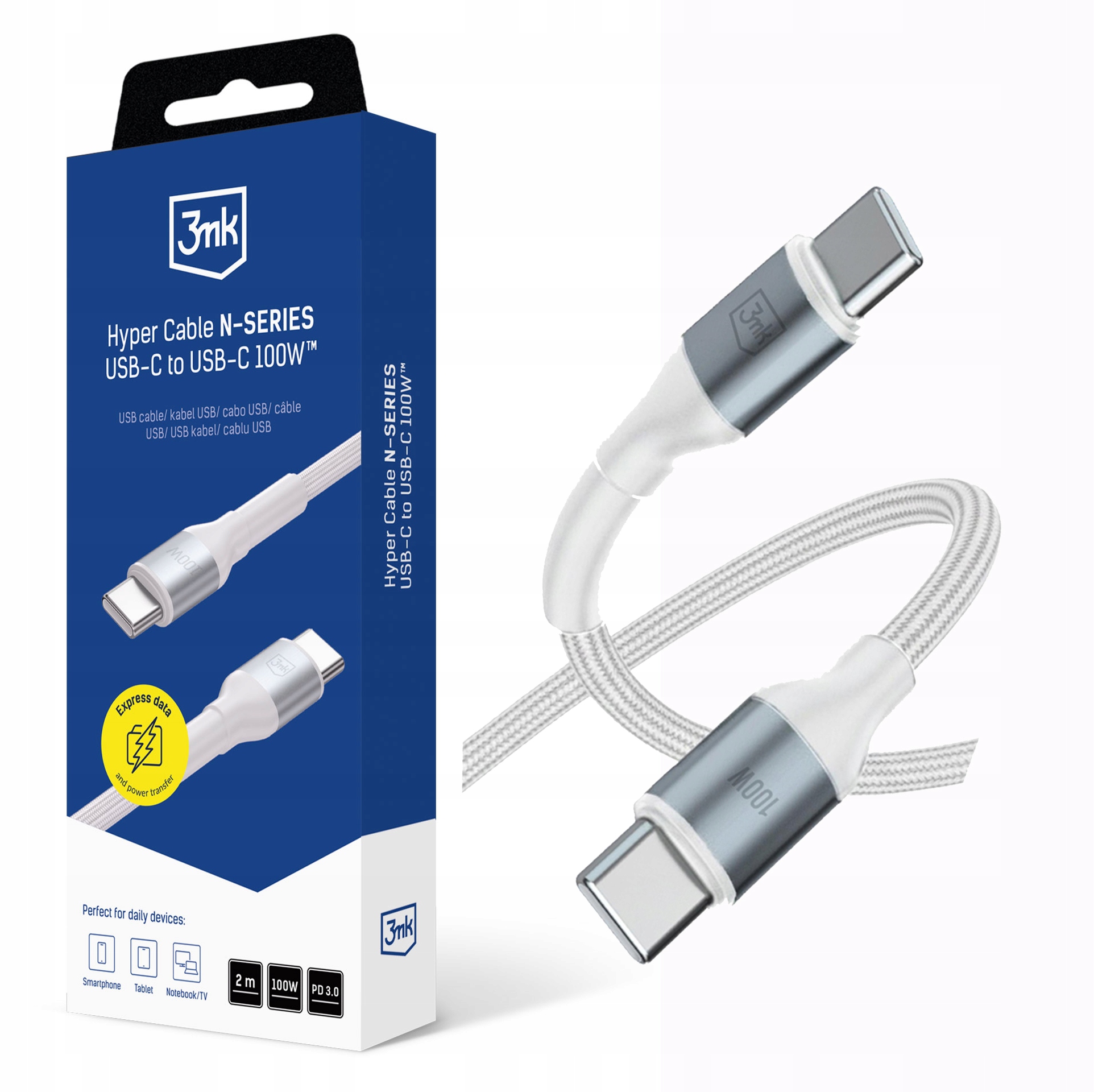 Kábel 3MK Hyper Cable N- Usb-c na Usb-c 2 m 20V/5A 100 W biely